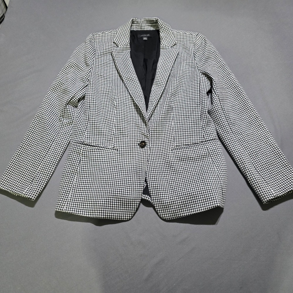 Ann Taylor Blazer Womens 10 Black White Houndstooth Single Button Professional